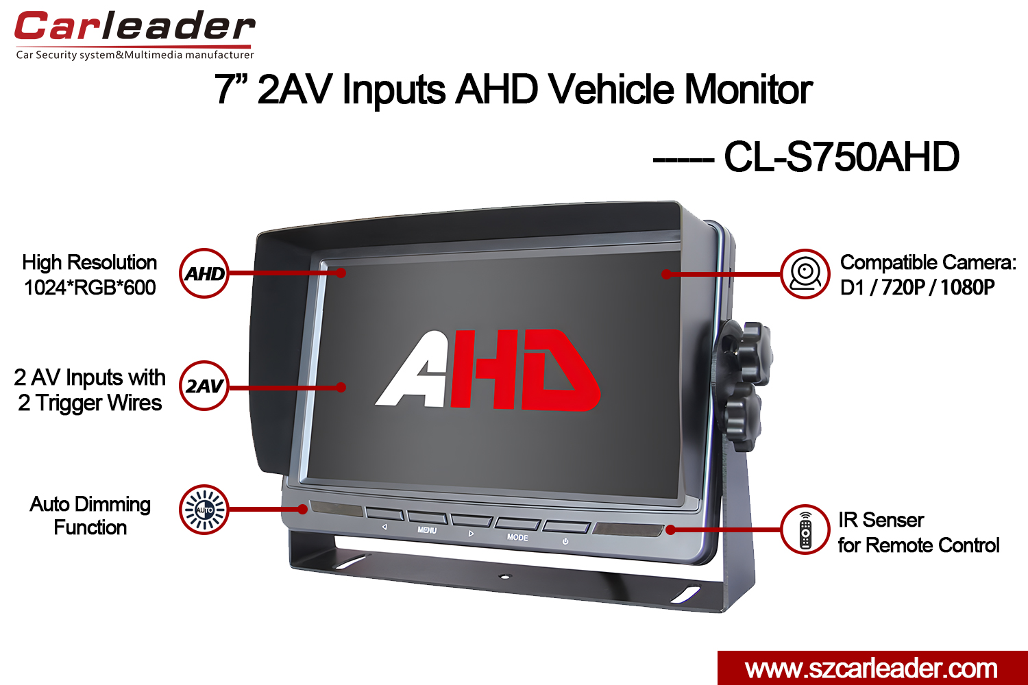 7 düymlük TFT LCD Avtomobil Arxa Görünüş AHD Monitoru